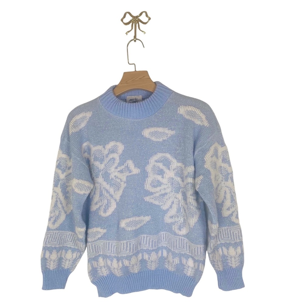Just Knits Vintage Blue White Floral Metallic Sparkle Sweater Made in USA L